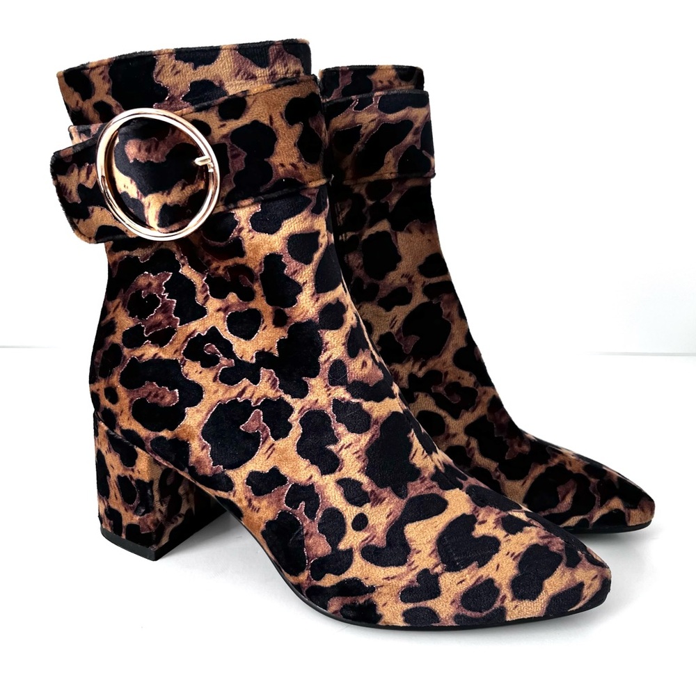 Idifu Faux Suede Leopard Print Ankle Boot Shoe Chunky Block Heel Zipper Size 7.5